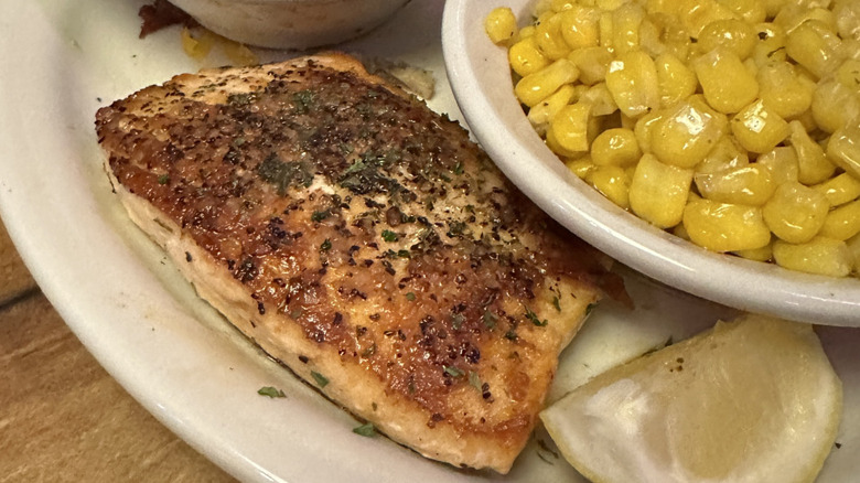 Texas Roadhouse Grilled Salmon with side of corn