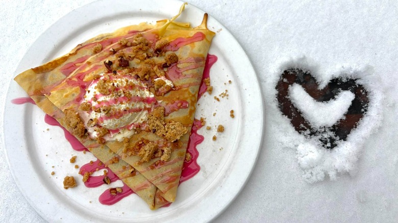Wild Honey Bistro Rhuberry crepe with strawberry-rhubarb preserves, rhubarb curd, whipped cream and a pecan streusel.