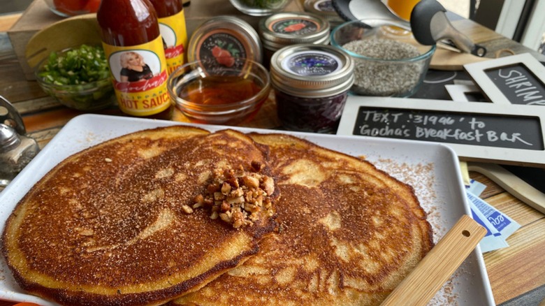 Gocha's Breakfast Bar big fluffy pancakes sprinkled with crunchy nuts