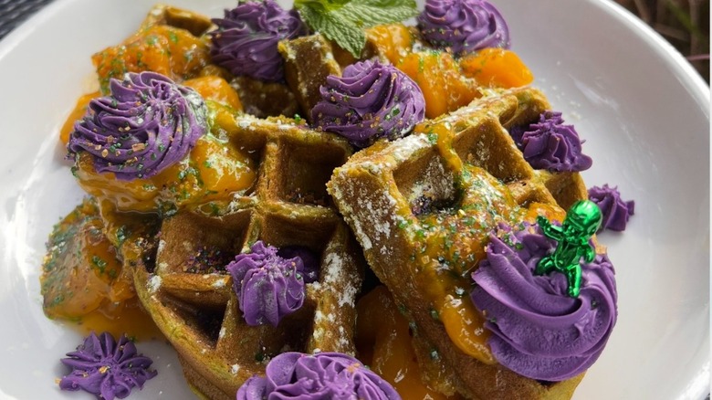 Atchafalaya Mardi Gras Matcha waffles with Ube mascarpone swirls