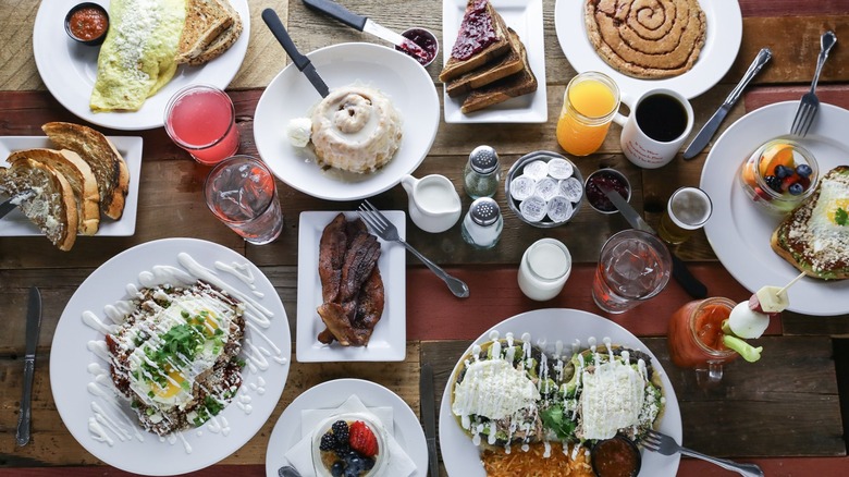 Hen House Eatery brunch spread with various breakfast items