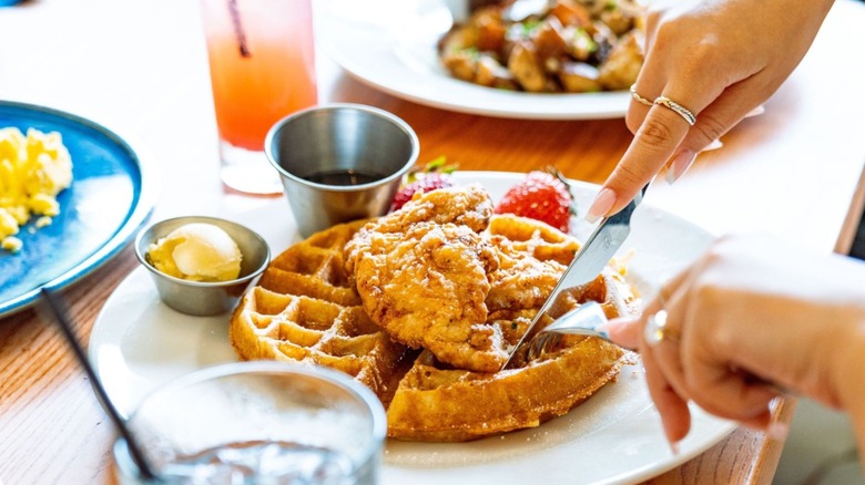The Finch brunch items, chicken and waffles