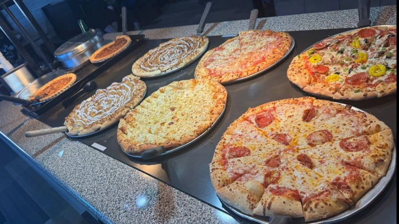 Assorted pizzas on display at Stevie's Buffet