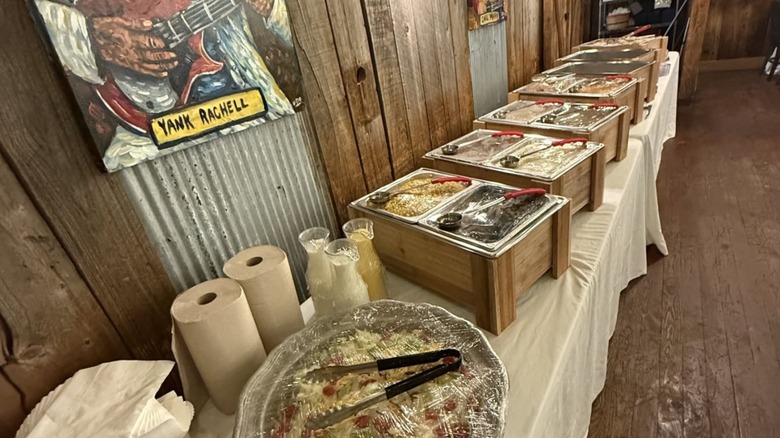 Buffet line with trays a d serving spoons at Brooks Shaw's Old Country Store