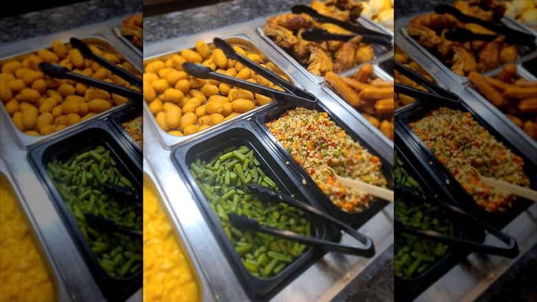 Green breans, mac and cheese, fried chicken and other items on buffet at North Country Steak Buffet