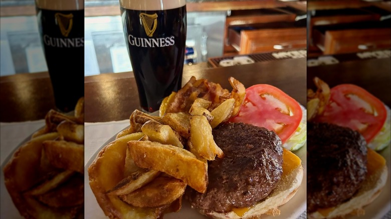 A burger from Donovan's Pub with a pint of Guinness