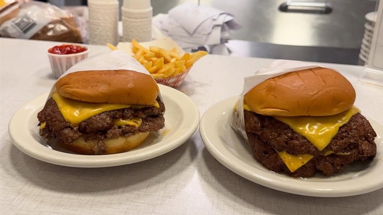 Two burgers from Hamburger America served at the restaurant's counter.
