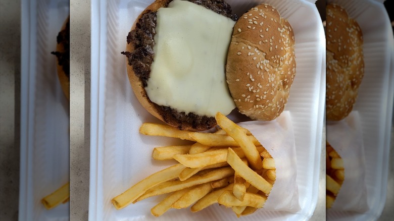 Great Big One in a styrofoam box with fries