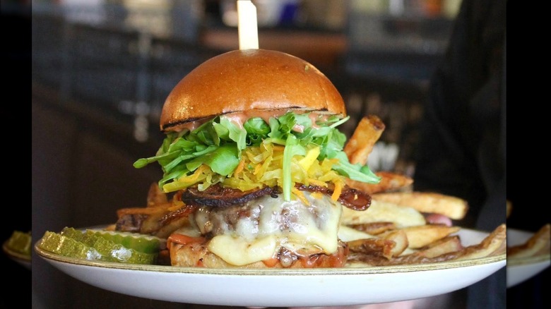 LaPlatte River Angus Beef Burger on a plate with fries and pickles