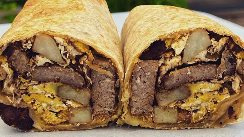 A meat breakfast burrito from the Toasty Burrito Project at World Empanadas