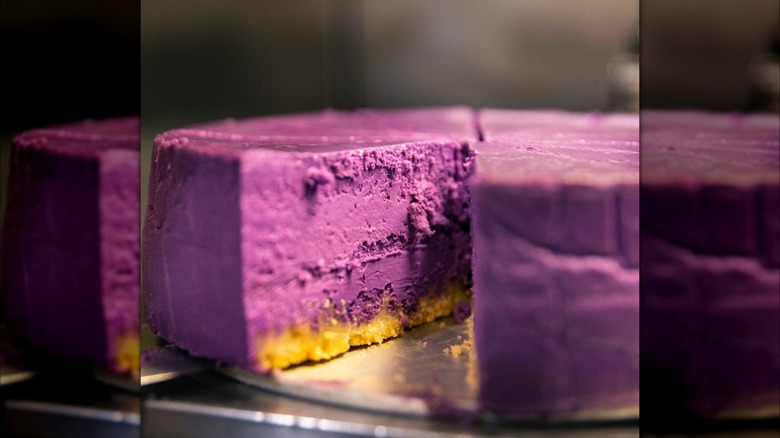 Adela's Country Eatery ube cheesecake, side angle, sliced
