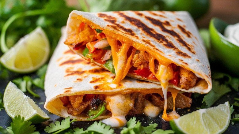 Grilled meat and veggie quesadilla with gooey cheese up close