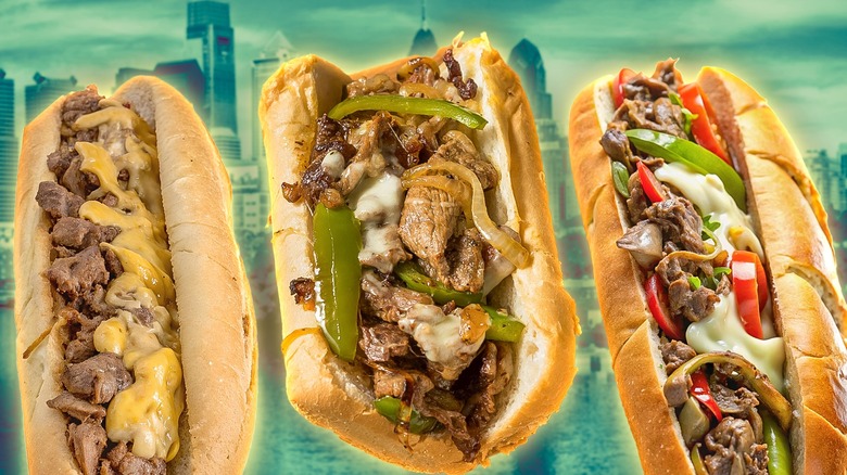 Three cheesesteak sandwiches on green city background