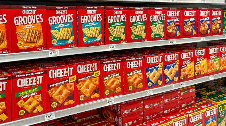 Boxes of Cheez-Its on grocery store shelf