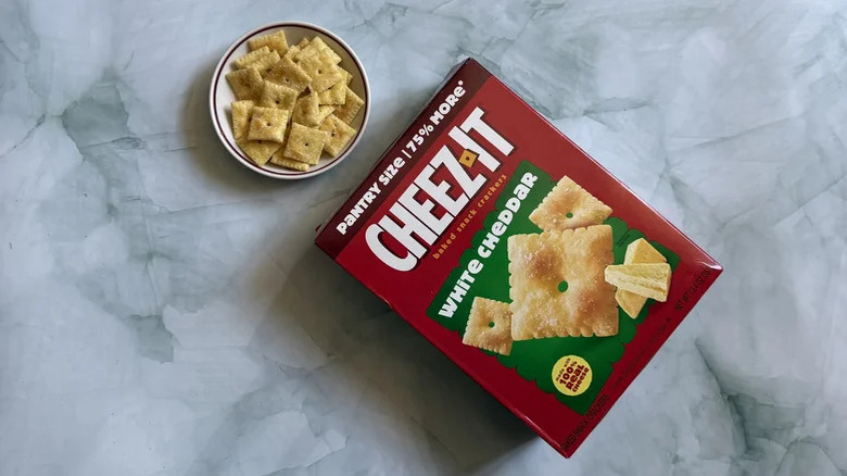 Top view of bowl and box of White Cheddar Cheez-Its