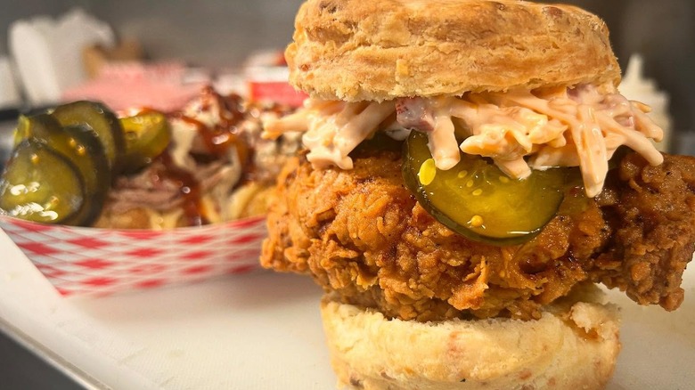 Mama Jo's Biscuits and BBQ Fried Chicken sandwich with pickles and slaw
