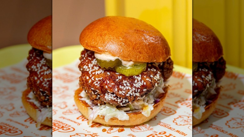 How Crispy Express fried chicken sandwich on a branded wrapper