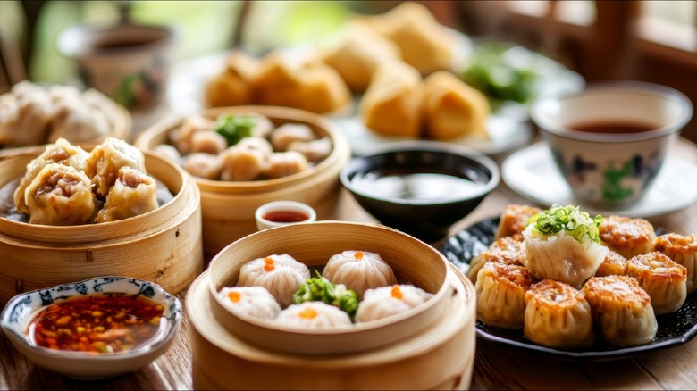Dim sum feast on a table.