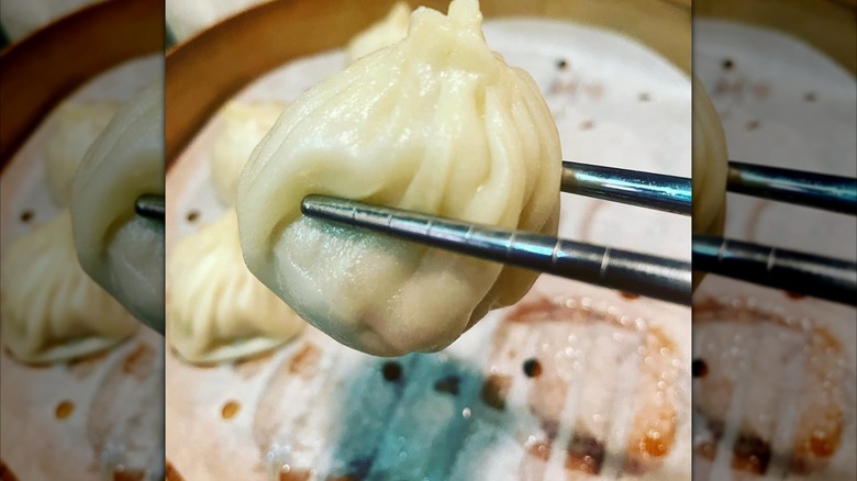 Dumpling in chopstick from Duck House Chinese Restaurant.