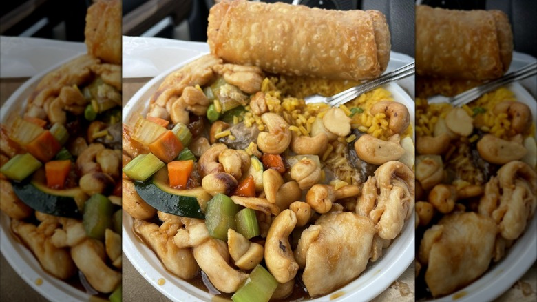 Cashew chicken, chicken fried rice, and an egg roll from China One.