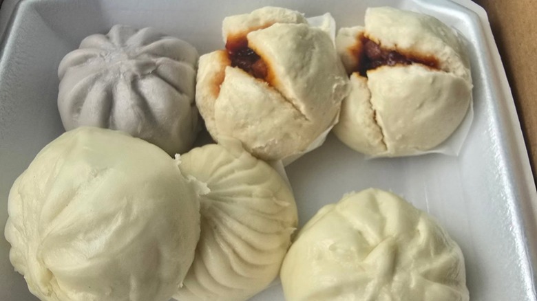 Pork Buns from Destination Taiwan in styrofoam takeout box.