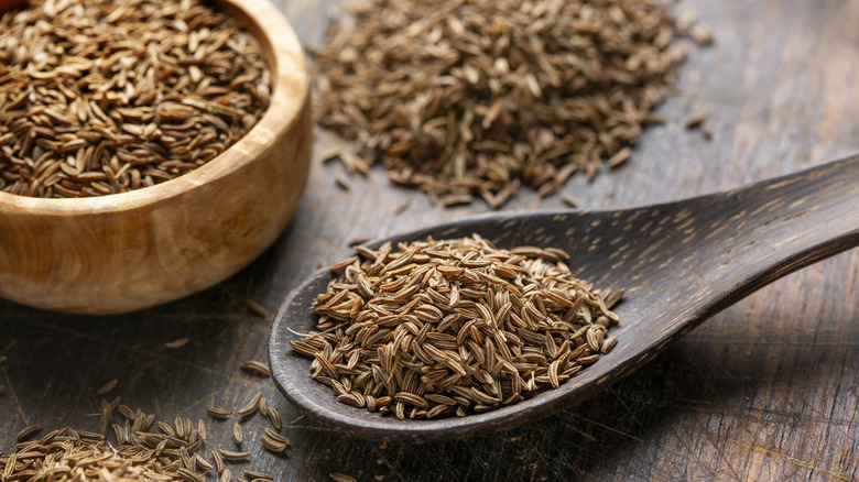 Caraway seeds in a wooden spoon