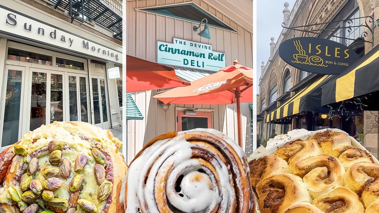 Sunday Morning, Devine Cinnamon Roll Deli and Isles Bun & Cofee with close up cinnamon rolls in front of store exteriors
