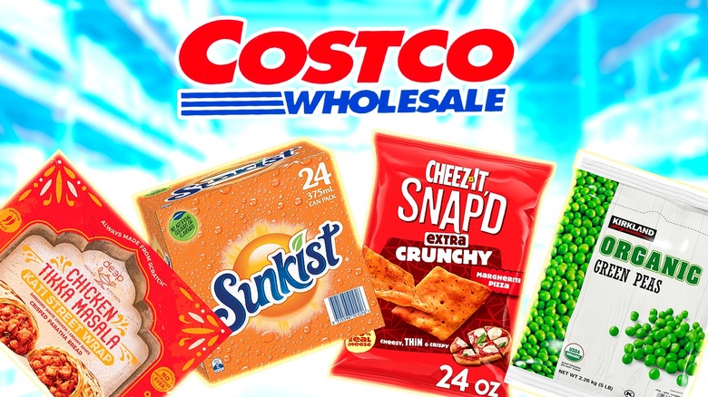 costco sign and cheez-its, sunkist, peas, tika masala