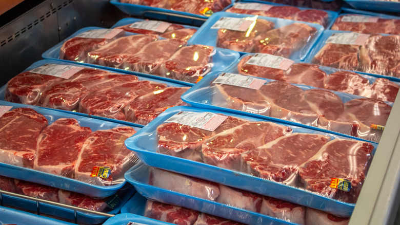New York strip steaks on display at Costco