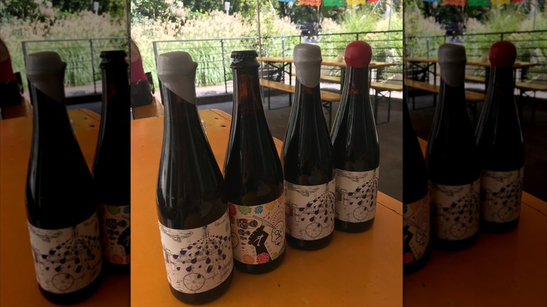 Four dark bottles of mexican siberius maximus with colorful white labels on orange table outside