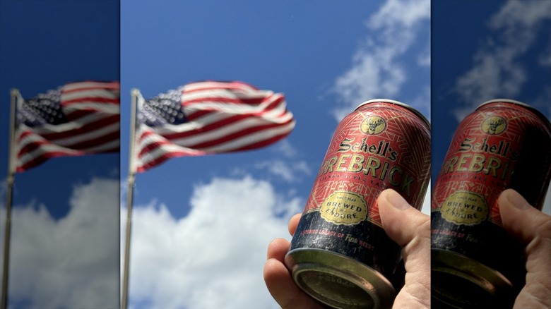 Firebrick beer can in front of American flag