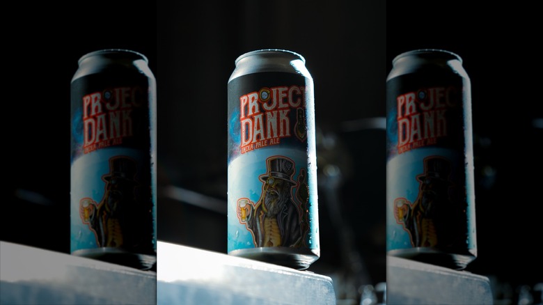 Project Dank beer staged on edge of concrete block in dark room