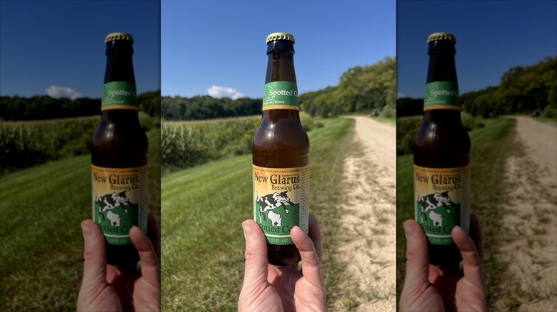 Hand holding bottle of Spotted Cow bber in front of field