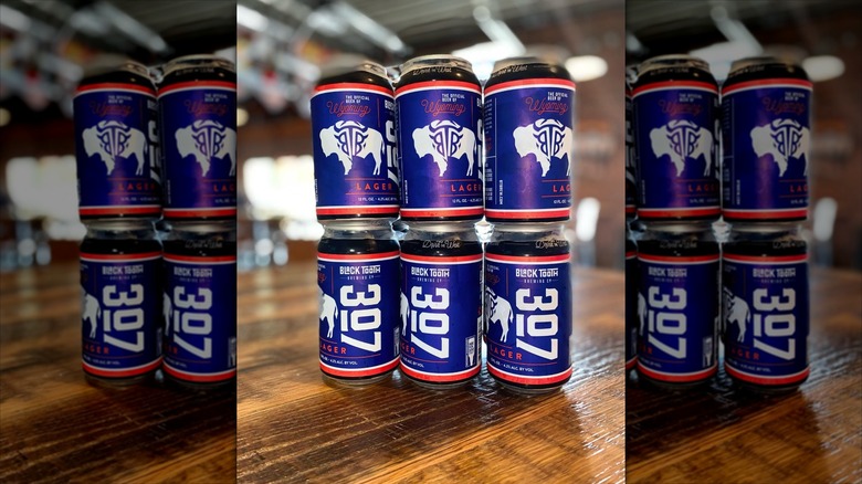 A stack of six blue 307 beer cans