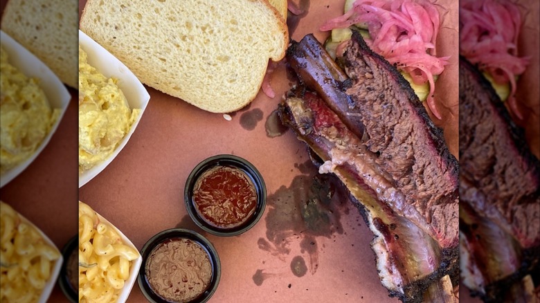 BBQ spread with side of bread and potato salad and mac and cheese from Matt's BBQ