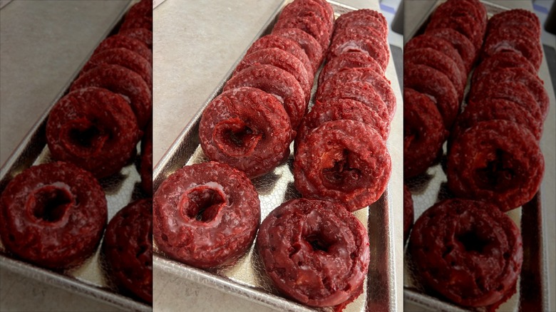 Red donuts lined up