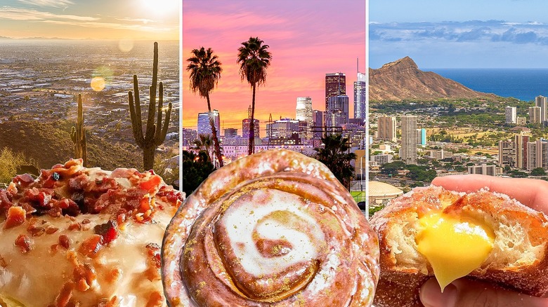 Three donuts in front of different U.S. sceneries