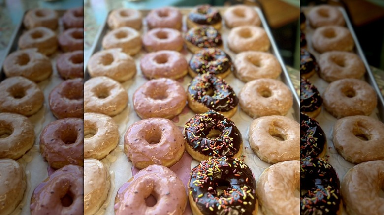 Rows of glazed and sprinkle donuts