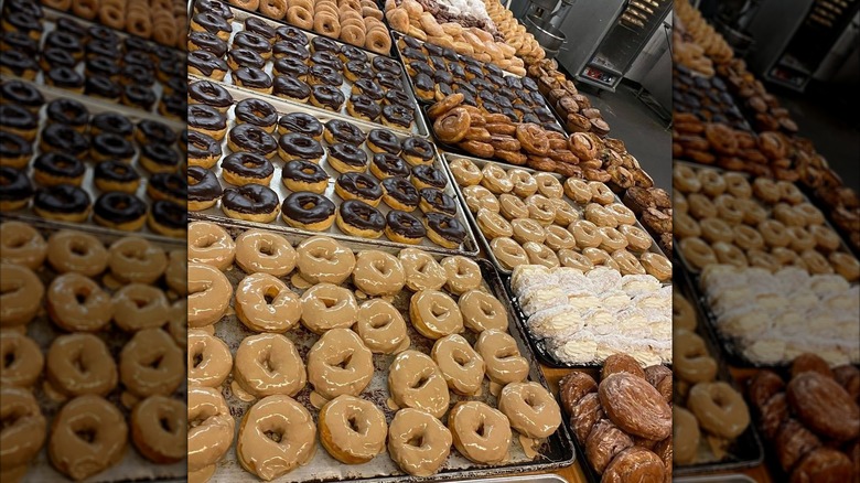 Multiple trays of glazed, powdered, and chocolate-coated donuts