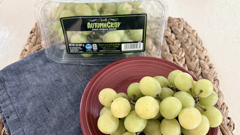 A closeup of Aldi autumn crisp green grapes