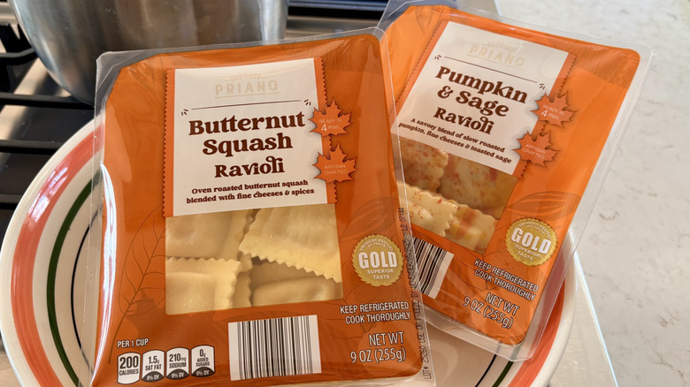 Packages of Aldi Priano butternut squash ravioli and pumpkin & sage ravioli