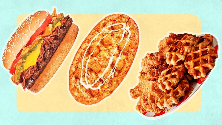 Photo illustration of Brisket Whopper, Pizza Hut Flatzz, and KFC chicken and waffles