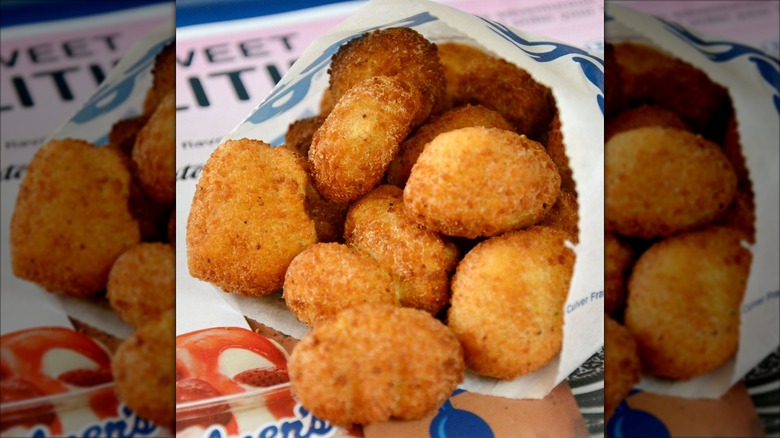 Cheese curds from Culver's wrapped in a paper bag