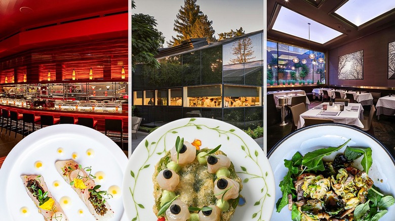 Three plates of French food in front of three restaurants