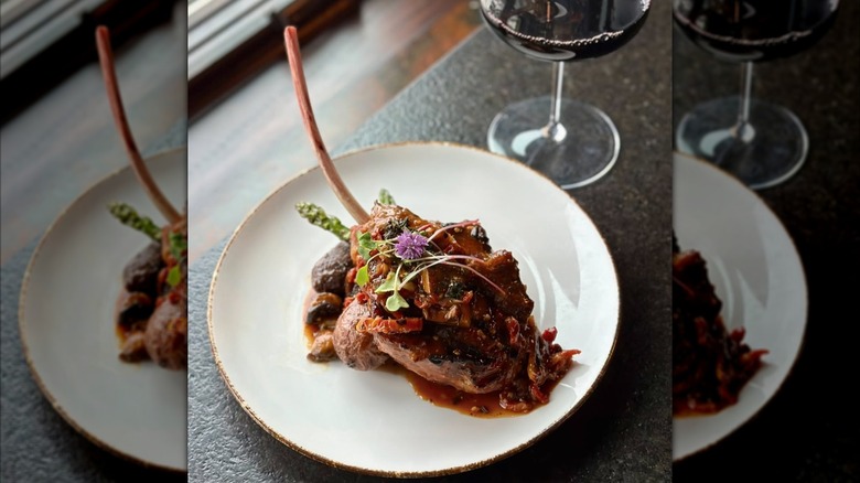Grilled veal chop with mushrooms