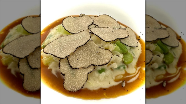 Risotto with vegetables topped with shaved truffles