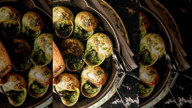 Escargot in snail shells in a pot