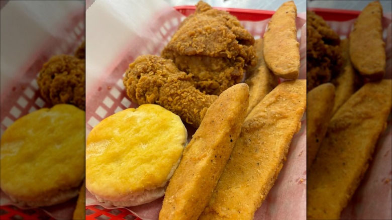 Kings Original fried chicken with potato skins and biscuit
