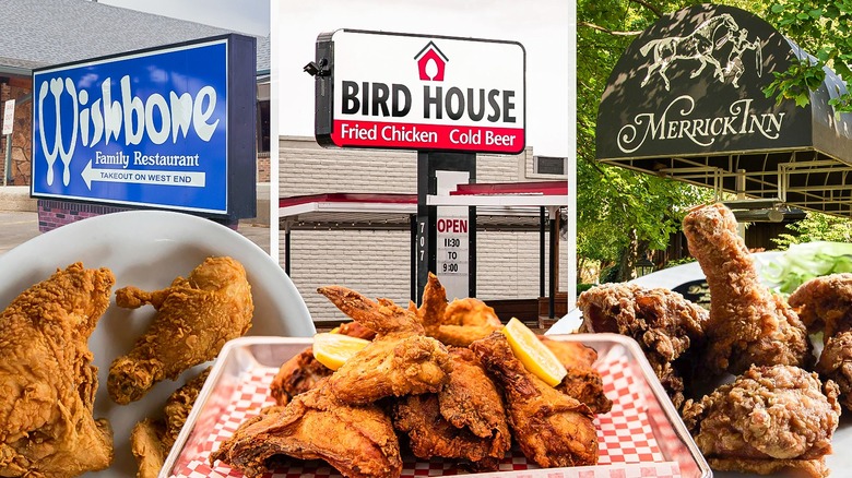 Fried Chicken plates in front of restaurants and signs for Wishbone Family Restaurant, Bird House, and Merrick Inn