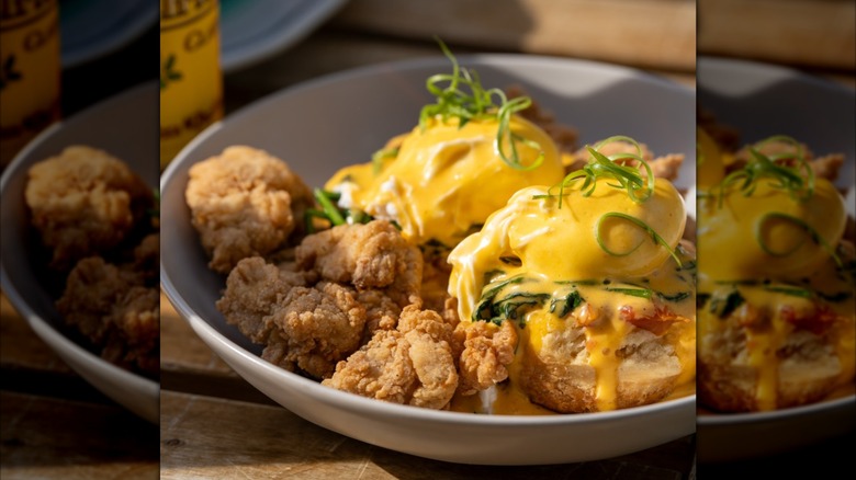 Bunny's Buckets & Bubbles Fried Chicken Eggs Benedict dish